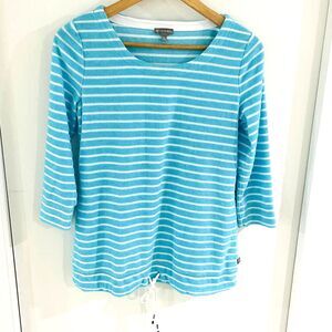 T by Talbots Beach Coverup Top Women Sz XS Aqua Blue Striped Cotton Terry Cloth